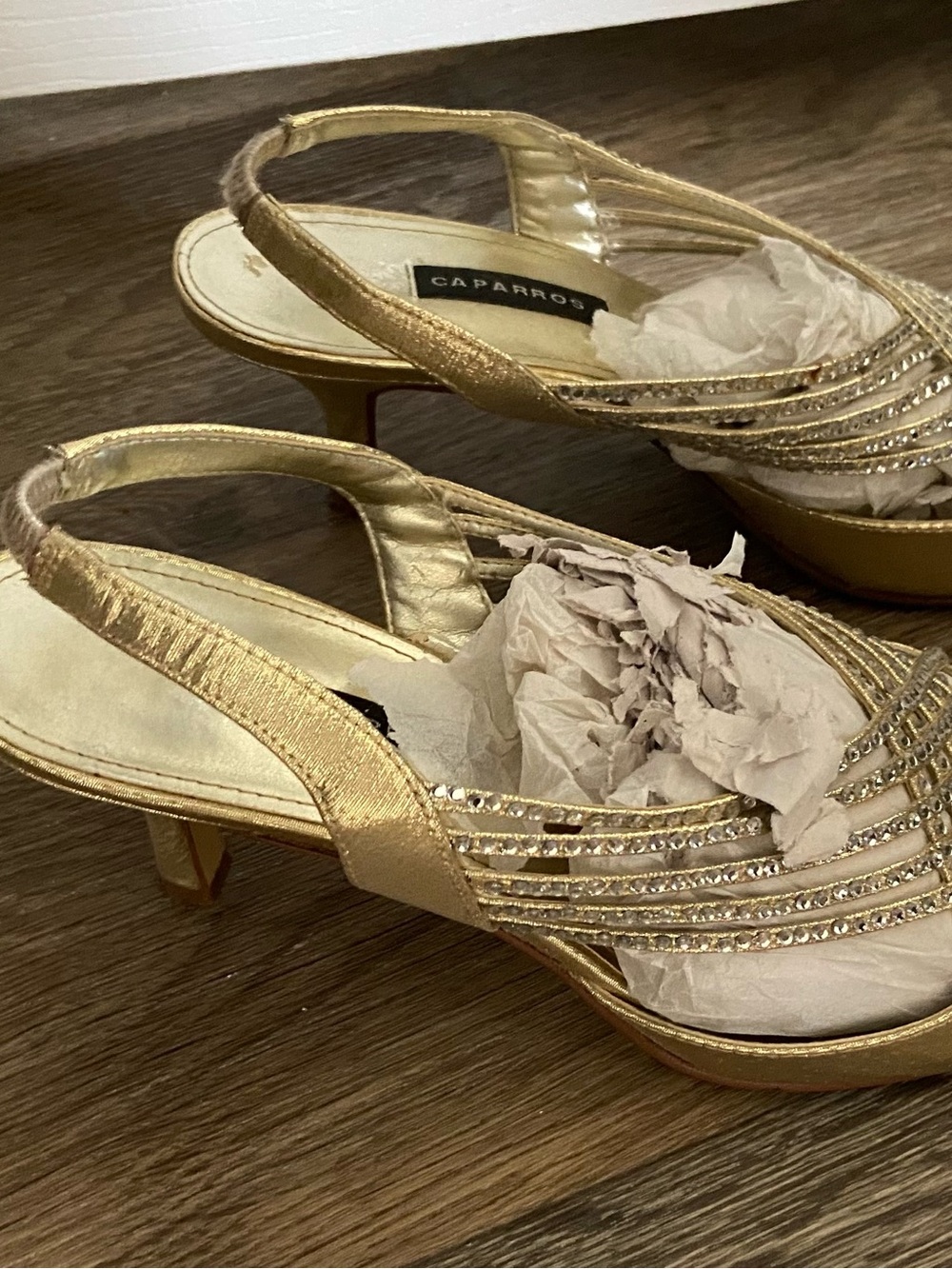 Caparros Gold Slingback Heels with Crystal Straps and Rosette